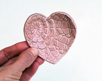 Pink Heart Ring Dish, Coffee Spoon Rest - Ceramic, Pottery - Jewelry Dish, Bridesmaid Gift, Tea Bag Rest - Lace Design, Tiny White Heart