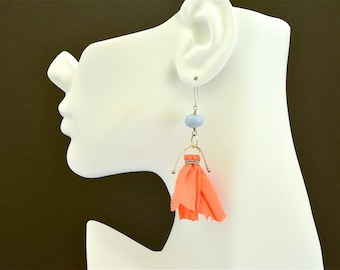 Orange sari silk and blue opal sterling silver boho earrings
