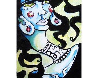 It's Tough to be Fascinating - 5x10 Matted archival PRINT of an original Ela Steel painting long narrow art weird surreal black blue green