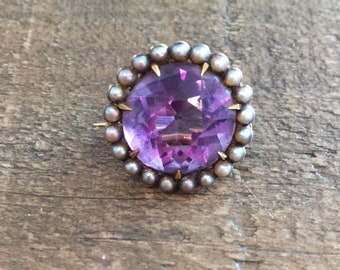 Antique Amethyst Seed Pearl 14K Gold Brooch