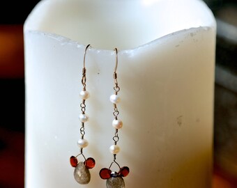 Sterling Silver Wire-Wrapped Earrings -- white pearl, garnet & labradorite