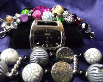 Elixir Womam's Watch with 2 Beaded Bands Mixed Beads and Acrylic Beads B029