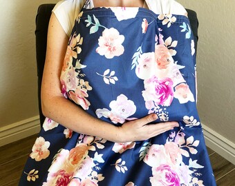 Nursing Cover / Navy / Floral / Watercolor / Extra Large / FREE SHIPPING in USA