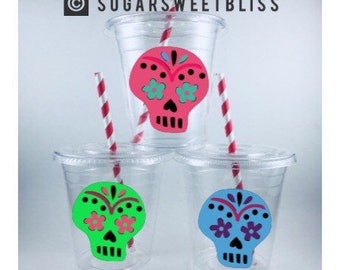 Sugar Skull PARTY CUPS Dia De Los Muertos Birthday Favors Cup Set personalized Customized Day of the Dead Skeleton