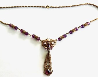 Purple Rhinestone Brass Faux Pearl Necklace