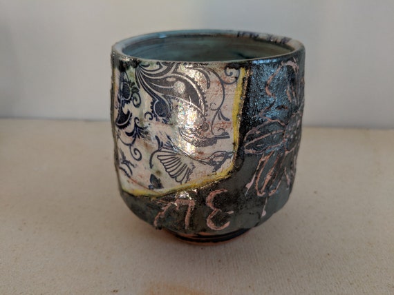 Handmade Ceramic Tea Bowl with Blue Tattoo