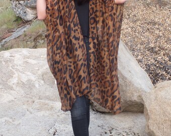 Animal Leopard Print Boho Tunic Swimsuit Cover Soft Sheer Gauze Cotton Fabric Caftan Kimono Top Cardigan Onesize SML Plus size
