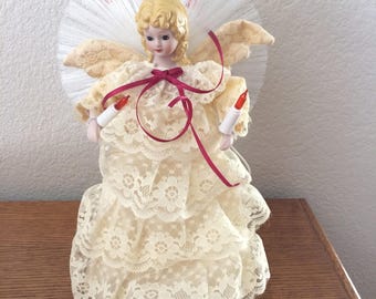 Vtg Porcelain Face 12" Hand Painted Lighted Angel Tree Topper in All off White Lace Dress Works! Collectible
