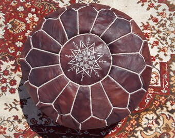 Handmade Moroccan Pouf, Genuine Leather Ottoman, Dark Tan Color (Unstuffed)