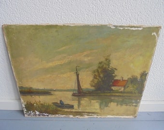 Vintage oil paintings on canvas and painted on wood panel/antique painting of old Dutch scene