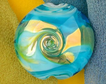 Handmade Lampwork Beads "Tropical Wave" SRA Glass Focal Bead Lentil ~ OOAK Textural Organic Silver Glass Lustre ~ Sky & Aqua