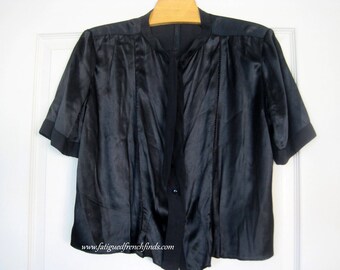 Antique French Black Silk Blouse Tie Neck Blouse Openwork Detail Back and Front Black Jet Glass Buttons Handsewn Downton Style C1920