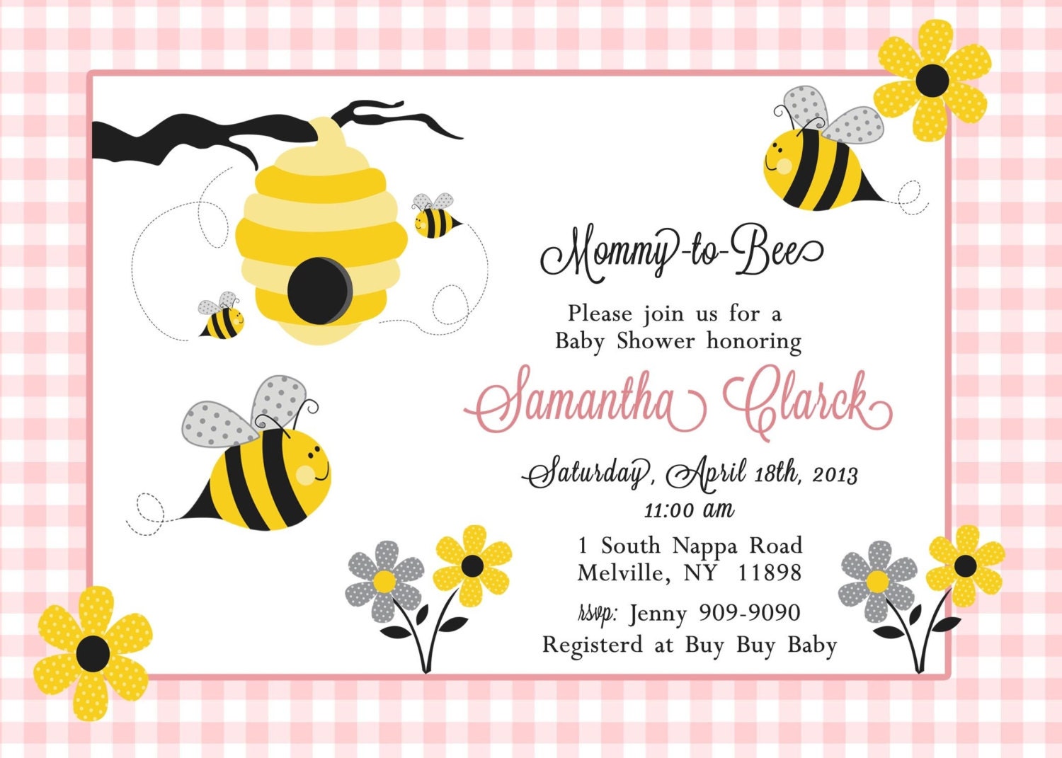 Bumble Bee Baby Shower Invitation 3 Color Choices