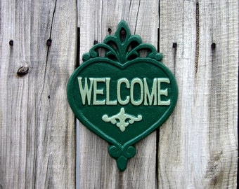 Welcome Plaque, Cast Iron, Painted, Green, Welcome Sign, Door Welcome Sign, Heart Plaque, Ornate Welcome Plaque, Indoor, Outdoor, Welcome