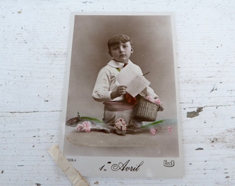 Antique 1900/1910s postcard French real photo recolored adorable boy First of April