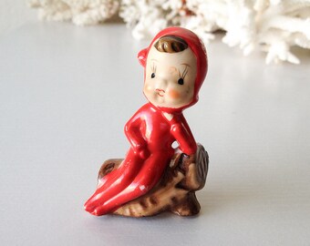Vintage elf figurine mini Japan pixie on log red christmas decoration retro woodland sprite