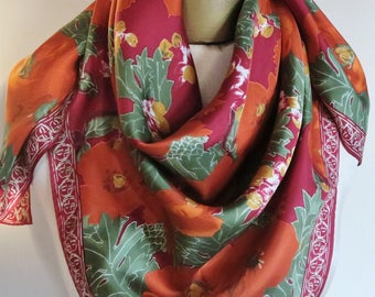 FLORAL silk scarf, Elaine Gold scarf, vintage silk scarf, carre, large square scarf, 34", autumn scarves, fall silk square, fall fashion
