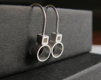 Geometric Earrings, Silver Drop Earrings, Sterling Silver Earrings, Small Drop Earrings, Circle Square Earrings, Mirjam Earrings