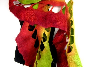 Felted Scarf, Ruffled Wavy, Lime Green Burnt Orange Terracotta, Scarf With Holes, Merino Wool Scarf, Gift For Her
