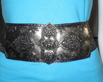Vintage ceinture élastique noir large signé NYC Accessocraft, grand Inter-locking en relief métal boucles, ceinture de gladiateur