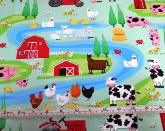 Farm Life scenes animals cows pigs main blue Henry Glass cotton quilt fabric by the fat quarter (50cm x 55cm) more available
