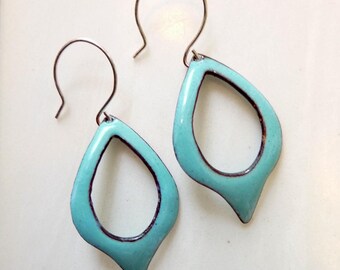 Glass Enamel on Copper Earrings, Cut Out Teardrop Hoop, Mid-Century Modern Leaf, Sterling or Copper Ear Wires, Speardrop Earrings
