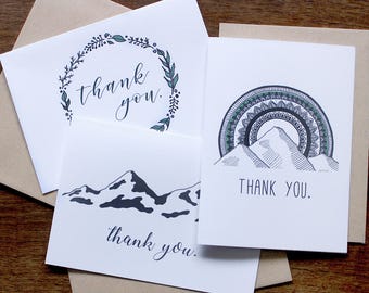 Thank You card 12 pack - thank you, illustration, outdoors, blank inside, mountain, adventure, wreath, mandala, sun, hand drawn, sherpa ant