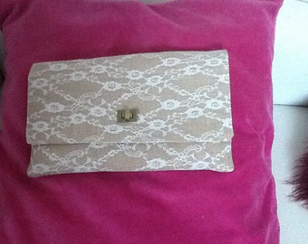 Burlap white Lace faced clutch bag