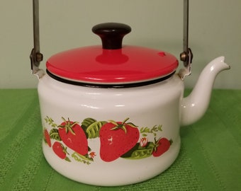 Vintage Enamel Strawberry Tea Kettle
