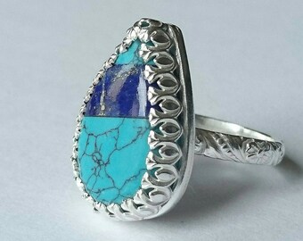 Sterling silver handmade lazurite turquoise ring, hallmarked on Edinburgh