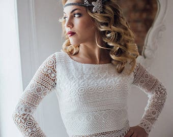 Boho chic wedding dress / Country Rustic wedding dress / Bohemian gown / Macrame lace crop-top / Crop-top Bridal dress