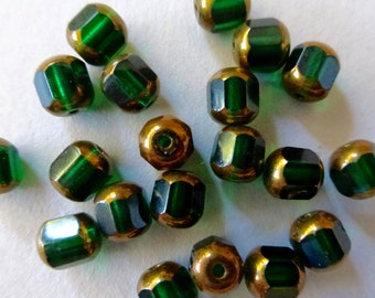 Vintage Czech Emerald Green & Gold 12 Cut Fire Polished Faceted Cathedral Beads - 6mm (12)