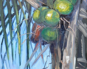 Tropical Landscape Painting,Florida Art, Original Oil, 6x8 painting, "Going Coconuts", Free Shipping in US