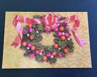 VTG mid century Christmas greeting card, wreath, pink ribbon, by Gibson