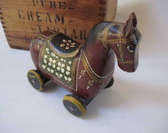 Vintage Ethnic Folk Art Painted Wood Horse Wheels
