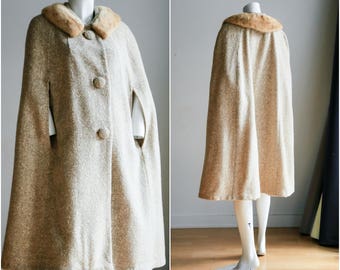 Wool and Mink Cape | Tan Wool Cape | Long Wool Cape | Mink Collar Cape | 1950s Cape | Textured Wool Cape | Mad Men Cape | Vintage Cape