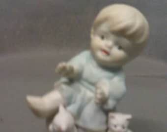 Child with Cats Figurine in Blue Dress