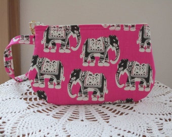 Cell Phone Bag, Elephants Purse, Pink Case, Zipper Gadget Pouch, Elephant Clutch, Elephant Wristlet