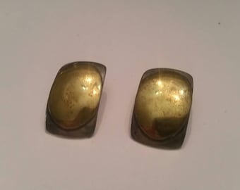 Vintage Sterling Silver Earrings Brass Accent Modernist Jewelry
