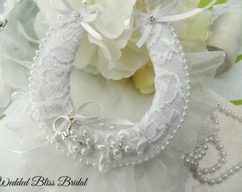 Wedding Bridal Horseshoe charm - White Pearl Trim Beaded Motif Horseshoe -Organza Edge - Brides Good Luck Horseshoe