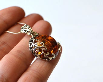 Baltic Amber Pendant, Cognac Amber Necklace, Amber Jewelry, Silver & Amber Necklace, Amber Gift