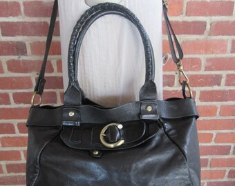 Glazed Leather Satchel, Black Leather Crossbody Bag Purse Tote Handbag Vintage Large XL 90s 1990s