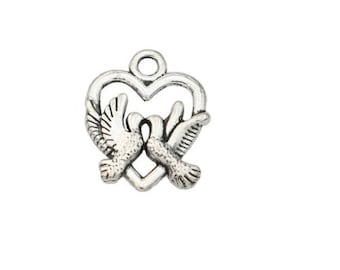 Set of 5 charms in silver heart (B27) Dove couple