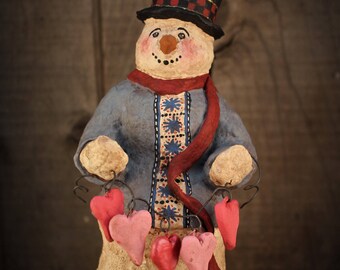 Primitive Snowman with a String of Hearts~~OOAK~~Folk Art Snowman
