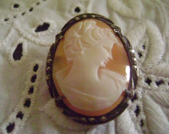 Vintage Brooch, Carved Shell, Cameo Brooch Pendant, With Marcasites Stamped 800