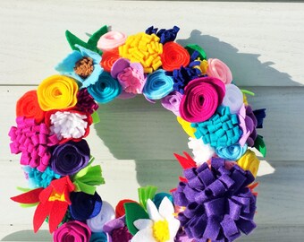 Bright Spring Felt Flower Wreath with Pink, Purple, Blue, Red, Orange & White Flowers, Yarn Wreath, Summer Wreath, Modern Felt Flower Wreath