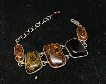 Vintage Sterling Silver and Amber? Resin? Bracelet MARKED