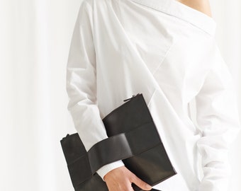 White Shirt / White Oversized Off Shoulder Shirt / Long Sleeved Cottoned Shirt / Button-down Asymmetrical Shirt by AryaSense/ SHR14WH