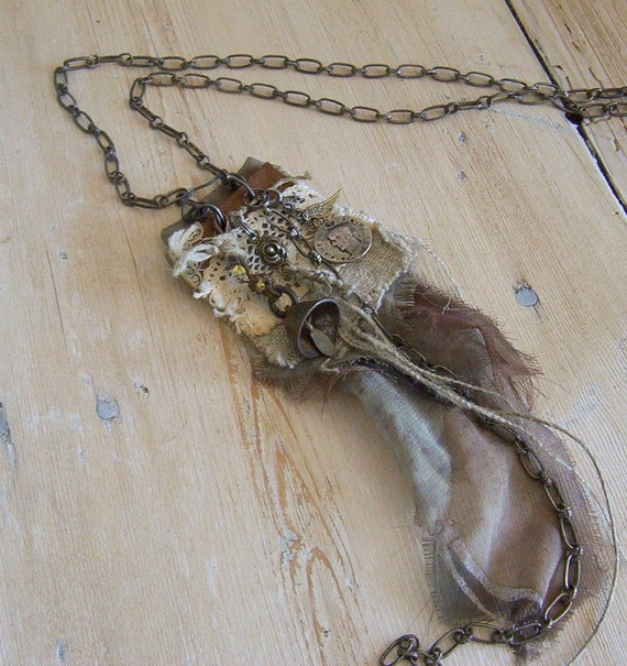 Necklace Leather Lace Silk Flax Mixed Media Assemblage Jewelry