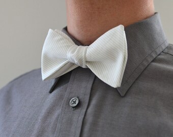 Men's Bow Tie in White Stripe- gray freestyle wedding groomsmen custom bowtie neck self tie dove striped white tie